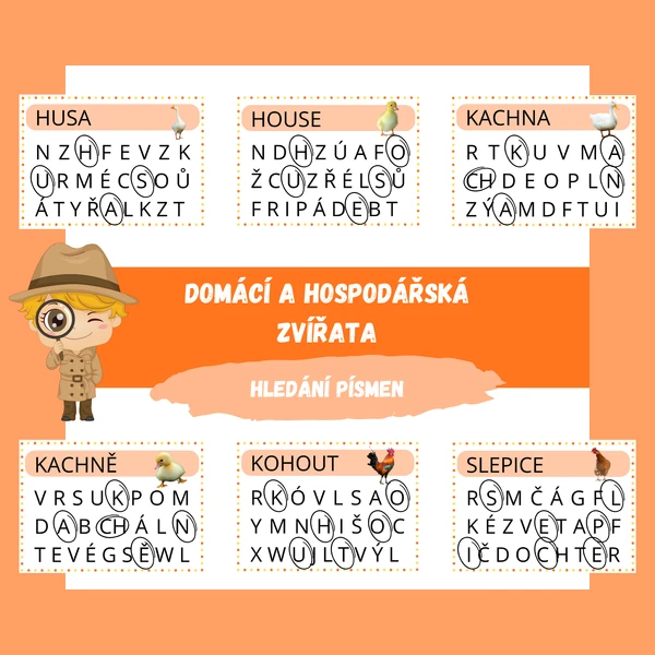 DOMÁCÍ A HOSPODÁŘSKÁ ZVÍŘATA - hledání písmen
