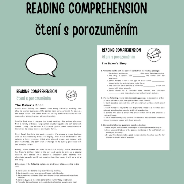 Reading Comprehension  - čtení s porozuměním na téma The Baker's Shop (nákup v pekárně)