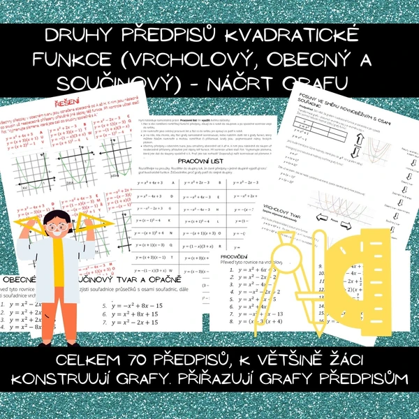 Druhy předpisů kvadratické funkce (vrcholový, obecný a součinový) - náčrt grafu