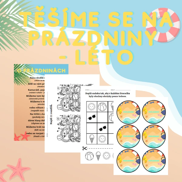 Soubor aktivit: Těšíme se na prázdniny - léto (básnička, pracovní listy, postřehovka)