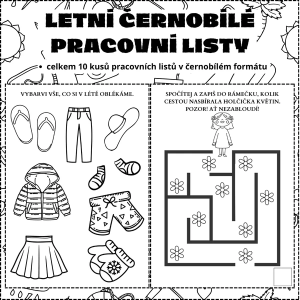 Letní černobílé pracovní listy