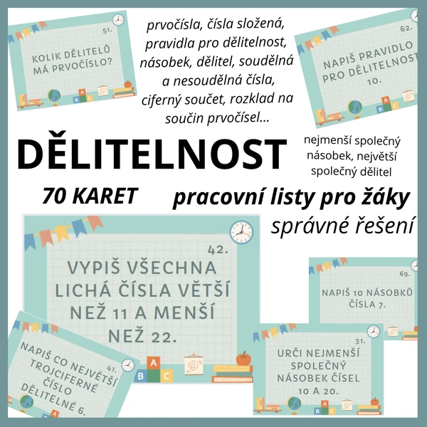 Dělitelnost - 70 karet s úkoly