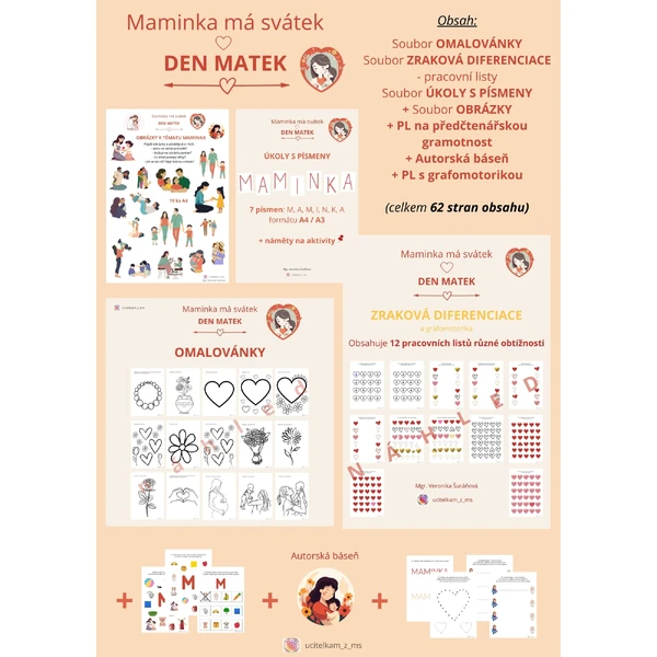 DEN MATEK - VELKÁ SADA - omalovánky, pracovní listy, písmena, obrázky, ... (62 stran materiálů)