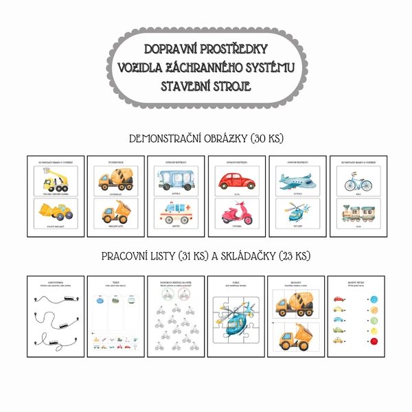 Dopravní prostředky, stavební stroje, záchranná vozidla - obrázky, pracovní listy a skládačky