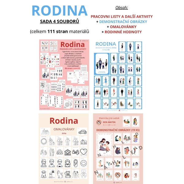 RODINA - SADA 4 v 1 (=111 stran): PL a DALŠÍ AKTIVITY + OMALOVÁNKY + DEMONSTRAČNÍ OBRÁZKY + RODINNÉ HODNOTY