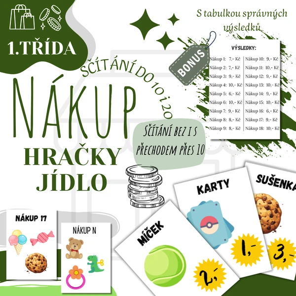 Nákupy hraček a jídla - sčítání do 10, 20 (bez přechodu i s přechodem přes 10)