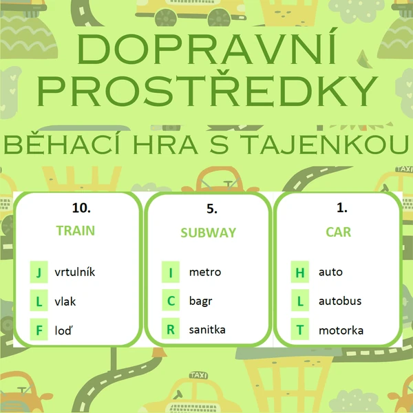 Dopravní prostředky - běhací hra s tajenkou