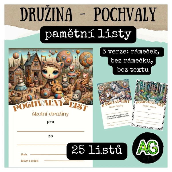 DRUŽINA - POCHVALY, PAMĚTNÍ LISTY - 25 MOTIVŮ ZE SVĚTA FANTAZIE