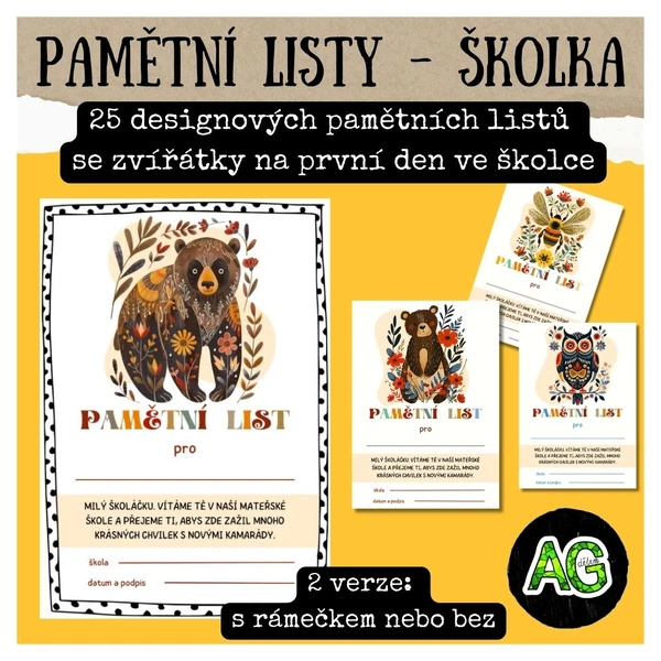 PAMĚTNÍ LISTY NA PRVNÍ DEN VE ŠKOLCE - 25 designových motivů se zvířátky