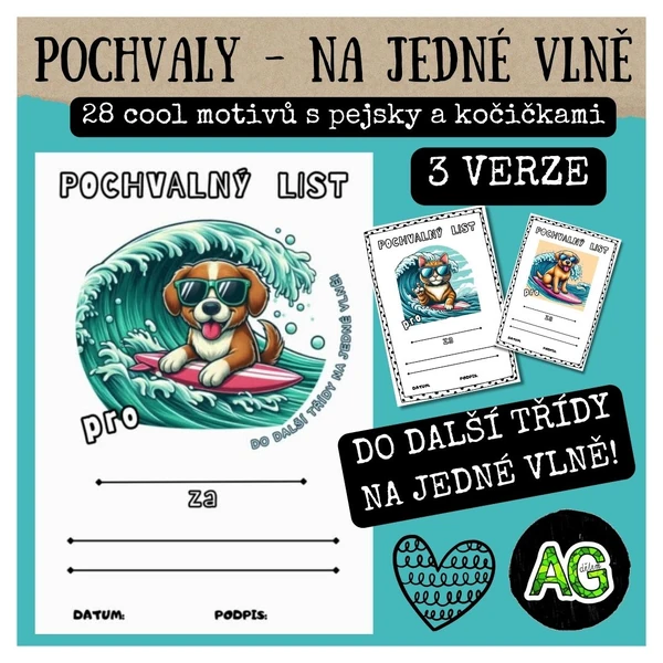 POCHVALY - DO DALŠÍ TŘÍDY NA JEDNÉ VLNĚ - cool pochvaly s kočičkami a pejsky