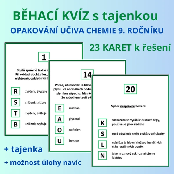 BĚHACÍ KVÍZ s tajenkou - OPAKOVÁNÍ UČIVA CHEMIE 9. ROČNÍKU 