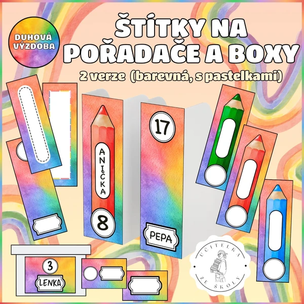 Štítky na pořadače a boxy - duhová výzdoba