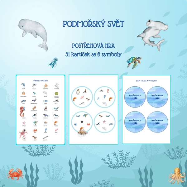 Postřehová hra - mořští živočichové (31 kartiček s 6 symboly)