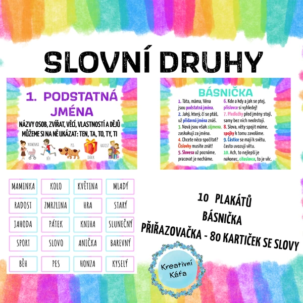 Slovní druhy - plakáty, básnička, přiřazovačka