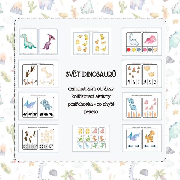 Dinosauři - obrázky A5, kolíčkovací aktivity, postřehovka, pexeso