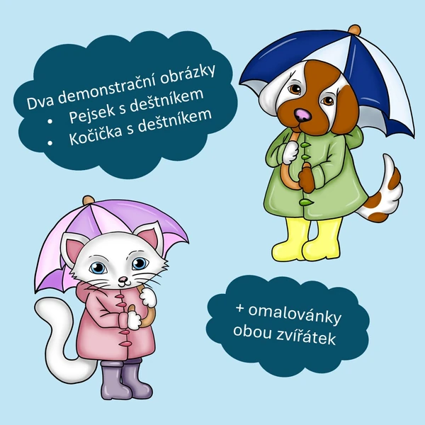 Kočička a pejsek v dešti - omalovánka 