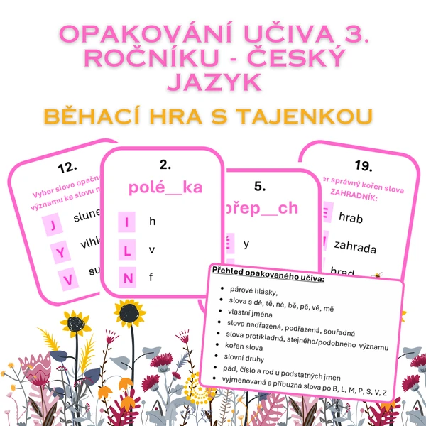 Opakování učiva 3. ročníku - český jazyk - běhací hra s tajenkou