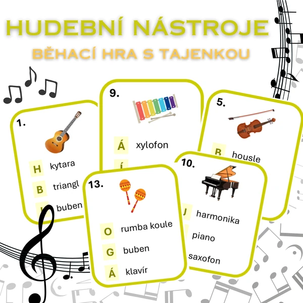 Hudební nástroje - běhací hra s tajenkou