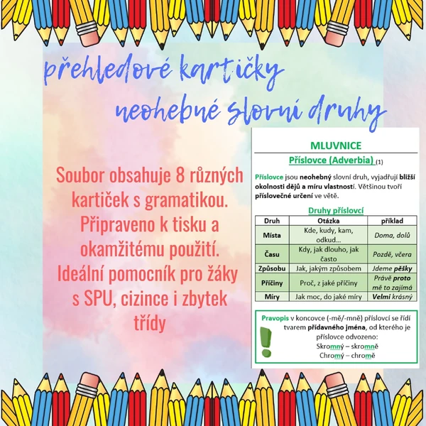 Přehledové kartičky - neohebné slovní druhy