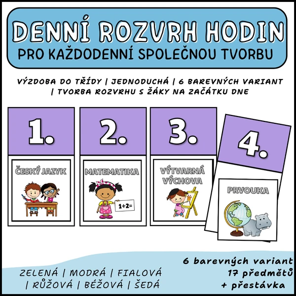 Denní rozvrh hodin - různé barvy