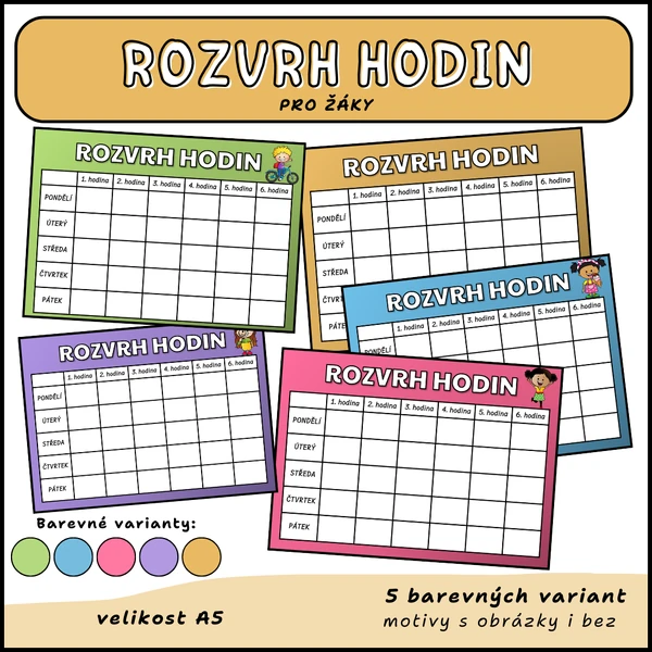 Rozvrh hodin - Barevný s obrázky i bez obrázků