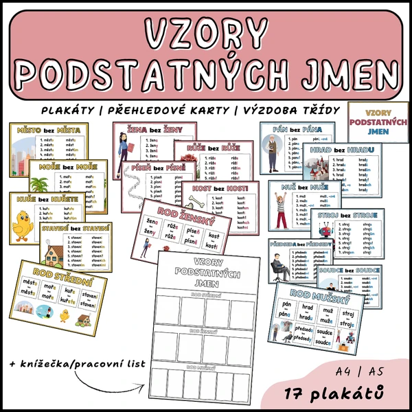 Vzory podstatných jmen - výzdoba třídy, přehledové karty + pracovní list