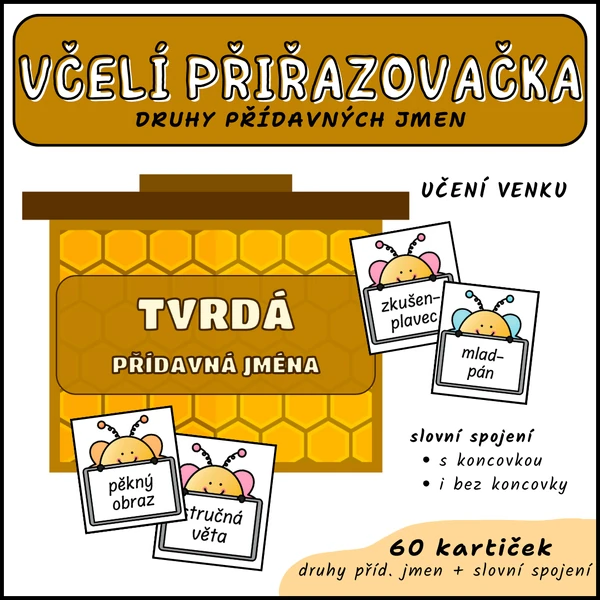 Včelí přiřazovačka - druhy přídavných jmen (učení venku)