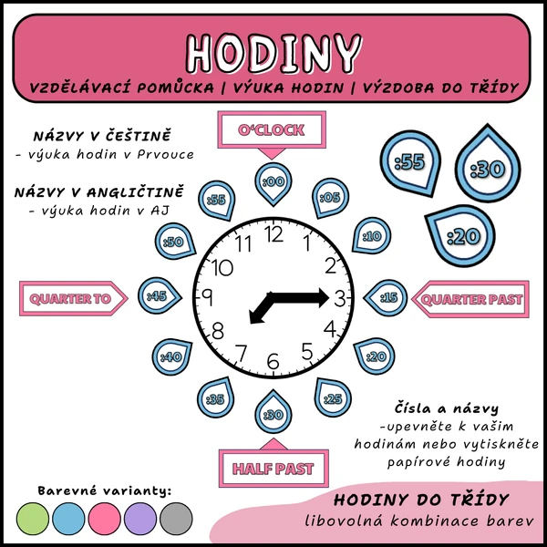 Hodiny do třídy, čas - různé barvy