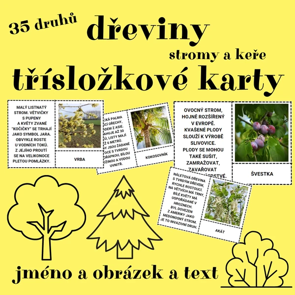 TŘÍSLOŽKOVÉ KARTY (obrázek + název + informace): DŘEVINY (35 druhů)