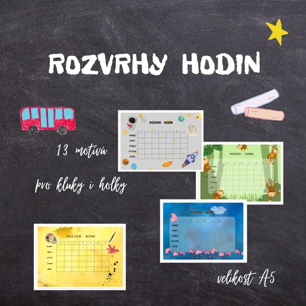 Rozvrhy hodin - 13 motivů pro žáky 1. stupně ZŠ