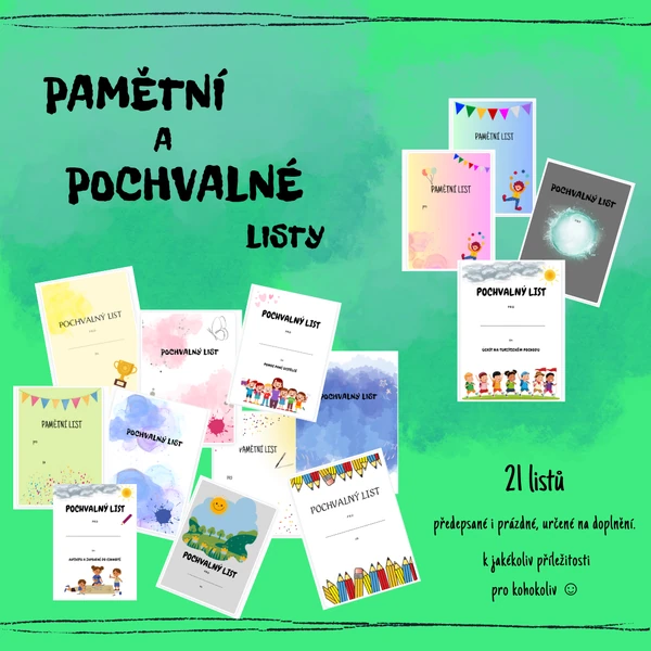 Pamětní a pochvalné listy ( 21 listů )