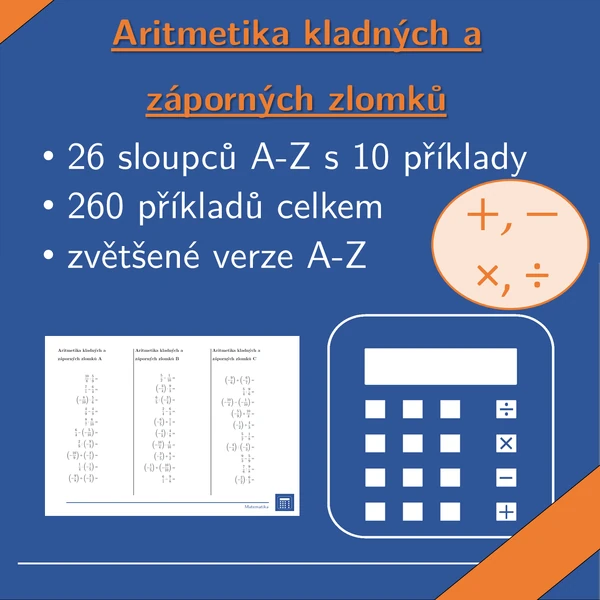 Aritmetika kladných a záporných zlomků, 26 sloupců, matematika
