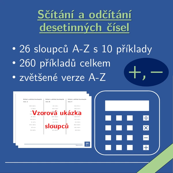 Sčítání a odčítání desetinných čísel, 26 sloupců, matematika