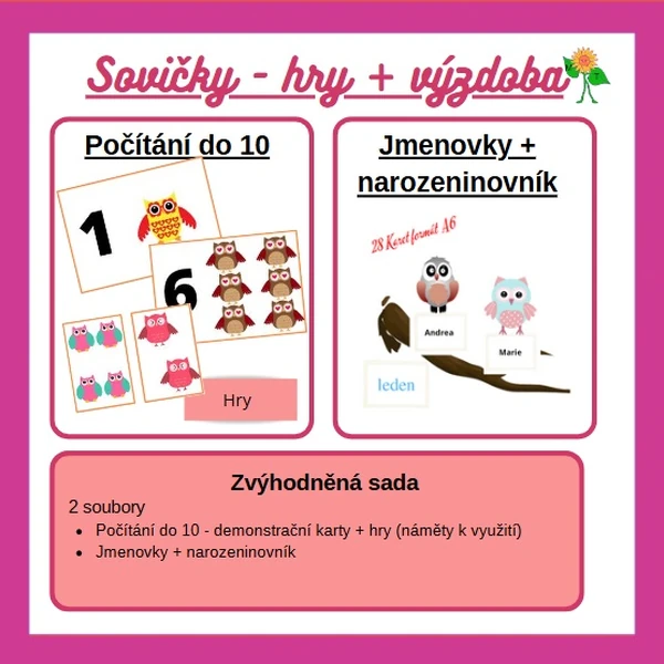 Sovičky - hry, počítání do 10, narozeninovník, jmenovky
