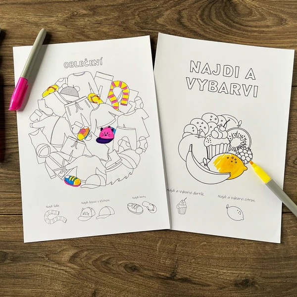 Najdi a vybarvi, veselé omalovánky, PDF