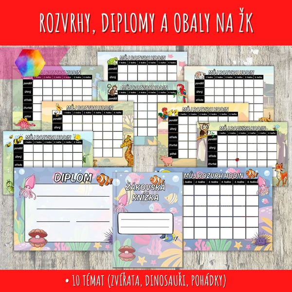 Obaly na žákovskou knížku, rozvrhy hodin, diplomy pro děti