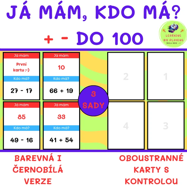 JÁ MÁM, KDO MÁ? - SČÍTÁNÍ a ODČÍTÁNÍ do 100 (3 sady příkladů po 28 kartičkách)