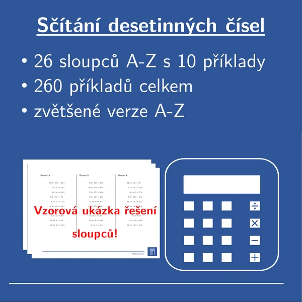 Sčítání desetinných čísel, 26 sloupců, matematika