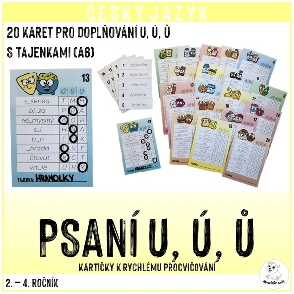 Psaní u, ú, ů (kartičky k rychlému procvičování s tajenkami)