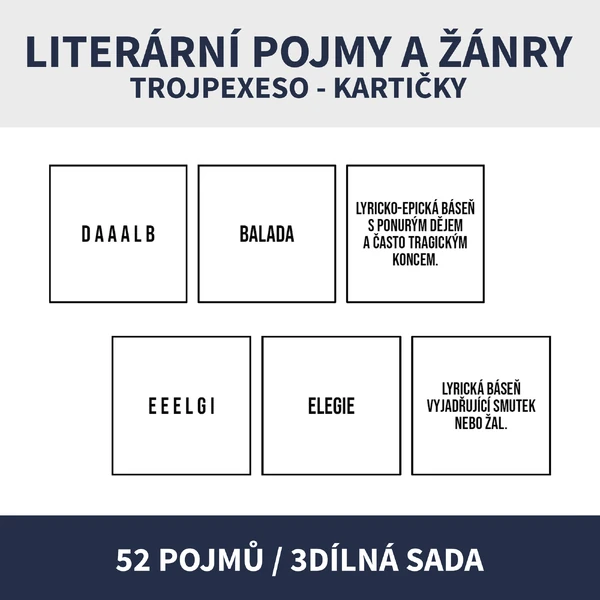 LITERÁRNÍ POJMY A ŽÁNRY (anagramy, definice, trojdílná sada)