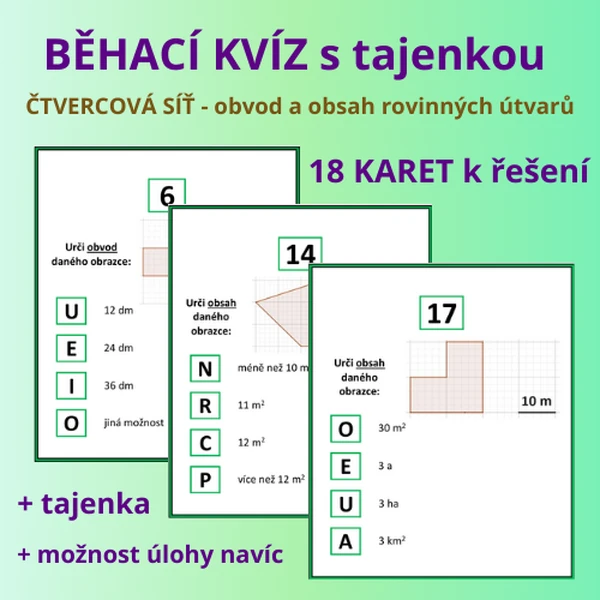BĚHACÍ KVÍZ s tajenkou – ČTVERCOVÁ SÍŤ – obvod a obsah rovinných útvarů