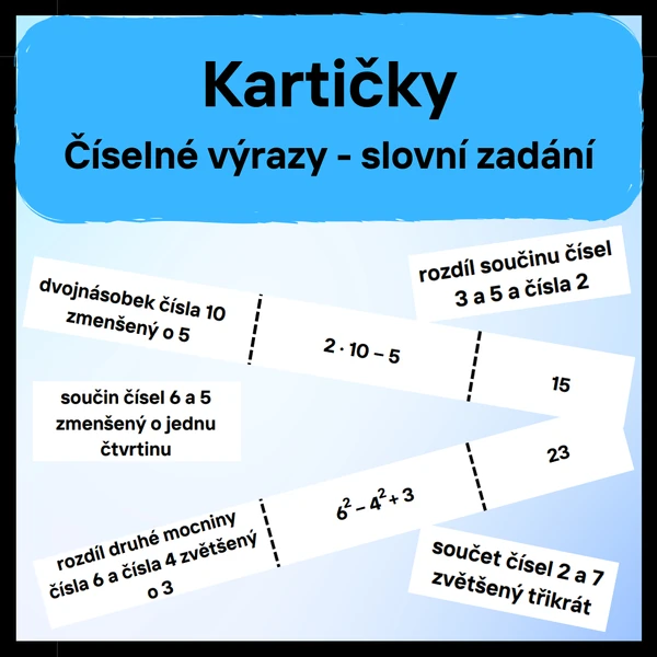 Trojice kartiček - slovní zadání číselných výrazů