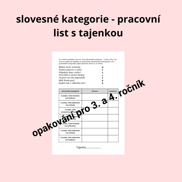 Pracovní list s tajenkou - slovesné kategorie