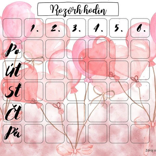 Rozvrh hodin - růžové balonky srdíčka