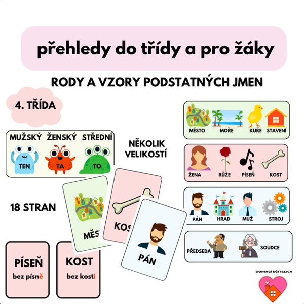 Podstatná jména – RODY A VZORY – přehledy do třídy a pro žáky