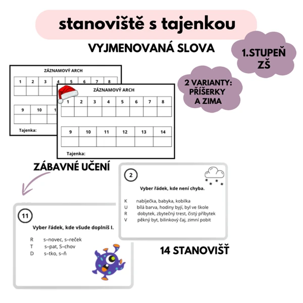 Vyjmenovaná slova – stanoviště s tajenkou (2 varianty – zima a příšerky)