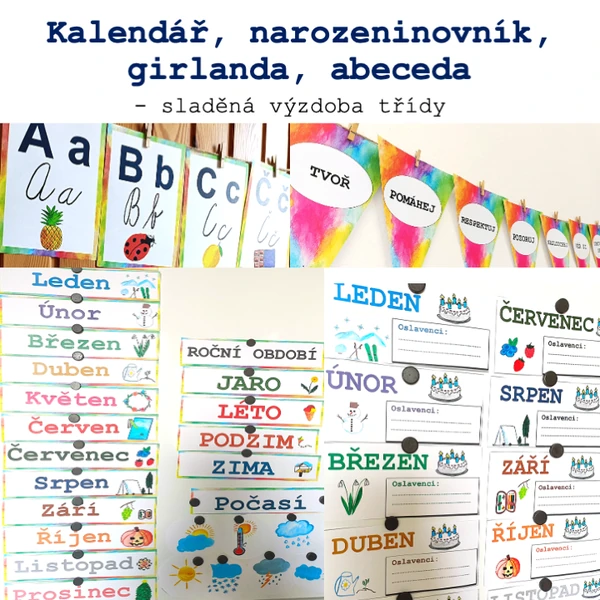 Kalendář, narozeninovník, abeceda, girlanda