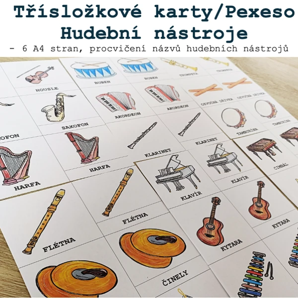 Třísložkové karty/Pexeso Hudební nástroje