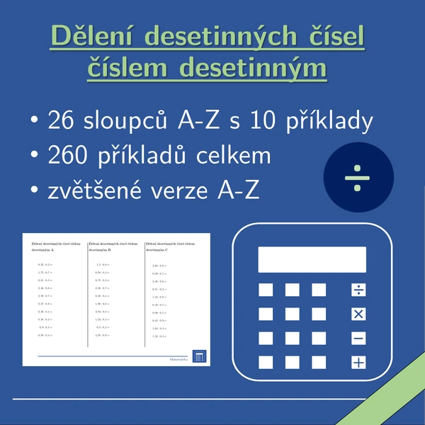 Dělení desetinných čísel číslem desetinným, 26 sloupců, matematika
