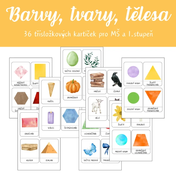 Třísložkové karty - TĚLESA, TVARY A BARVY